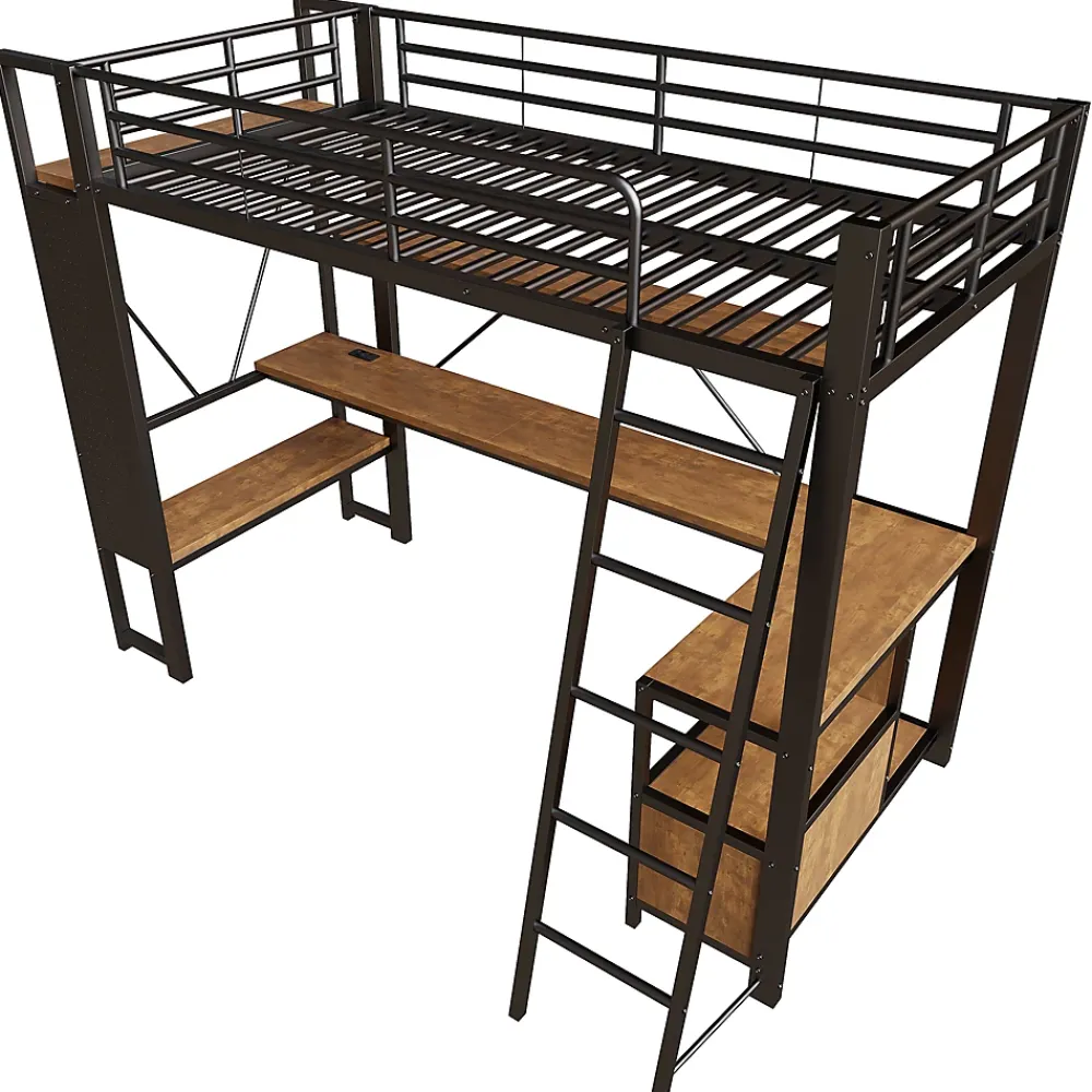 Okwish Lit Mezzanine 90x200 cm - Lit Ado avec Bureau Intégré, LED et Ports USB, Panneau Perforé et Rangement, Métal + MDF, Noir* Lit Mezzanine