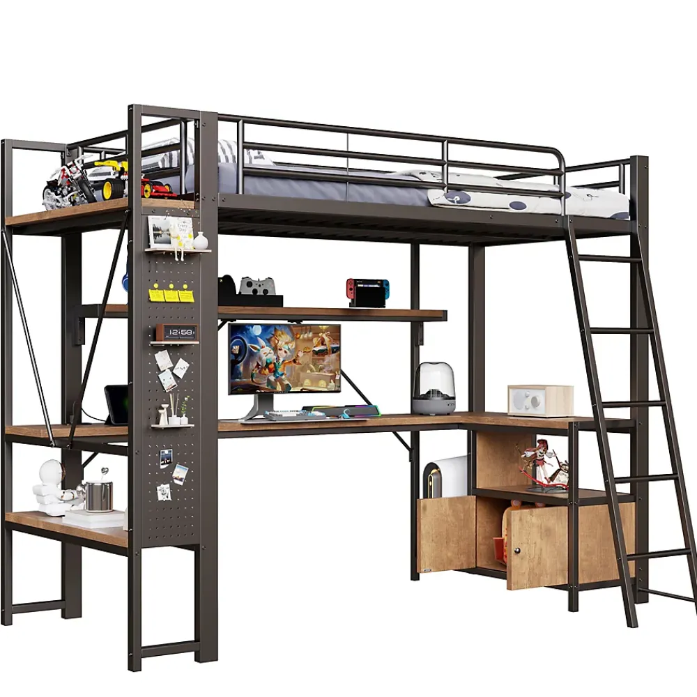 Okwish Lit Mezzanine 90x200 cm - Lit Ado avec Bureau Intégré, LED et Ports USB, Panneau Perforé et Rangement, Métal + MDF, Noir* Lit Mezzanine