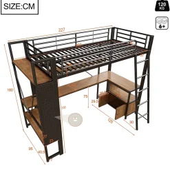 Okwish Lit Mezzanine 90x200 cm - Lit Ado avec Bureau Intégré, LED et Ports USB, Panneau Perforé et Rangement, Métal + MDF, Noir* Lit Mezzanine