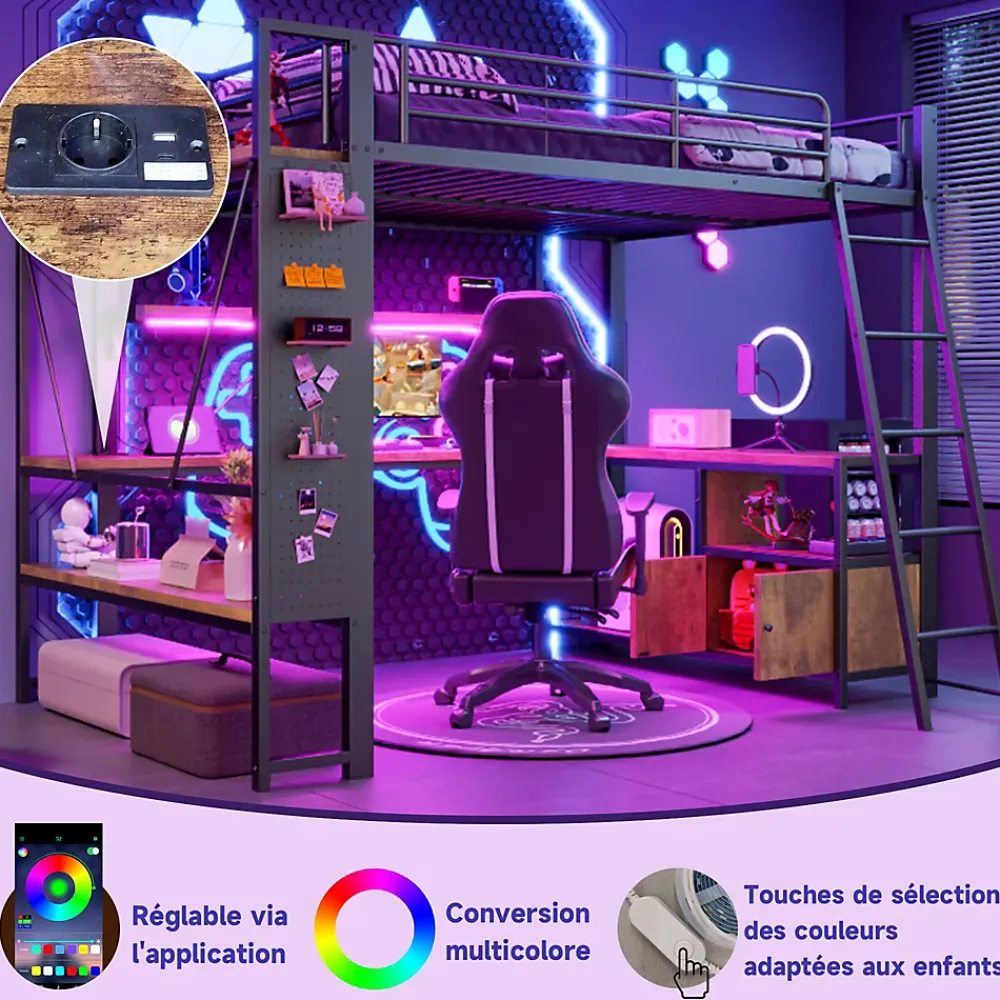 Okwish Lit Mezzanine 90x200 cm - Lit Ado avec Bureau Intégré, LED et Ports USB, Panneau Perforé et Rangement, Métal + MDF, Noir* Lit Mezzanine