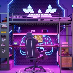 Okwish Lit Mezzanine 90x200 cm - Lit Ado avec Bureau Intégré, LED et Ports USB, Panneau Perforé et Rangement, Métal + MDF, Noir* Lit Mezzanine