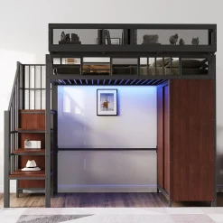 Okwish Lit Mezzanine 90x200 cm - Lit Ado avec Armoire et Éclairage LED, Garde-Corps en Filet - Sans Matelas - Métal et MDF - Noir* Lit Mezzanine