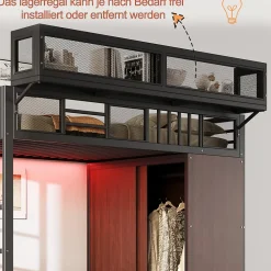 Okwish Lit Mezzanine 90x200 cm - Lit Ado avec Armoire et Éclairage LED, Garde-Corps en Filet - Sans Matelas - Métal et MDF - Noir* Lit Mezzanine