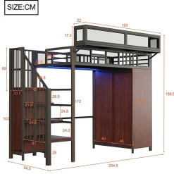 Okwish Lit Mezzanine 90x200 cm - Lit Ado avec Armoire et Éclairage LED, Garde-Corps en Filet - Sans Matelas - Métal et MDF - Noir* Lit Mezzanine