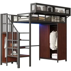 Okwish Lit Mezzanine 90x200 cm - Lit Ado avec Armoire et Éclairage LED, Garde-Corps en Filet - Sans Matelas - Métal et MDF - Noir* Lit Mezzanine