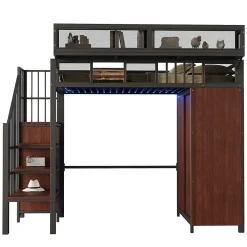 Okwish Lit Mezzanine 90x200 cm - Lit Ado avec Armoire et Éclairage LED, Garde-Corps en Filet - Sans Matelas - Métal et MDF - Noir* Lit Mezzanine