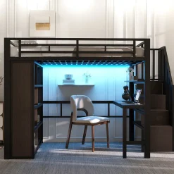 Lit Mezzanine 140x200 cm - Lit Ado avec Bureau Intégré, LED et Escalier de Rangement, Métal + MDF, Noir>Okwish New