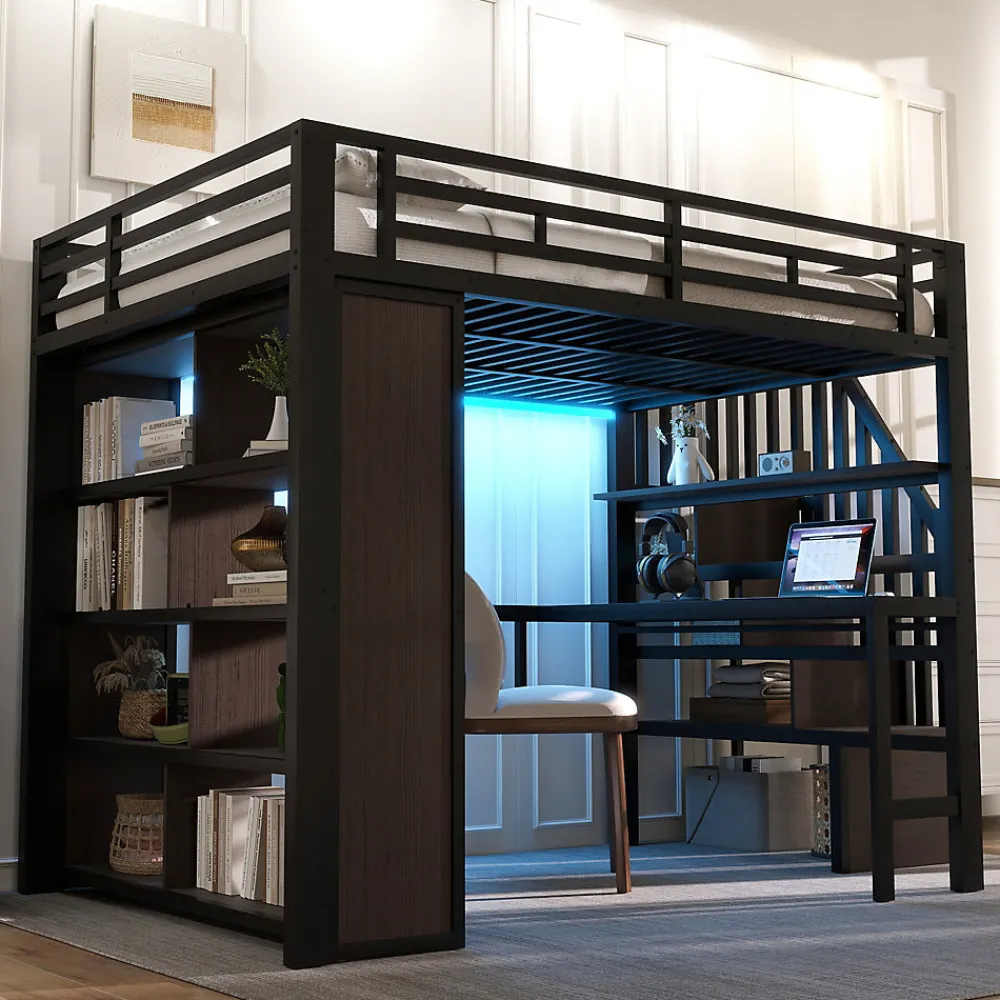 Lit Mezzanine 140x200 cm - Lit Ado avec Bureau Intégré, LED et Escalier de Rangement, Métal + MDF, Noir>Okwish New