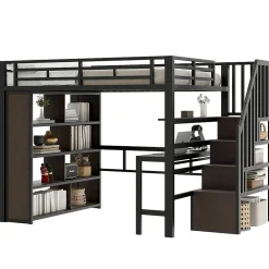 Lit Mezzanine 140x200 cm - Lit Ado avec Bureau Intégré, LED et Escalier de Rangement, Métal + MDF, Noir><noscript><img width=