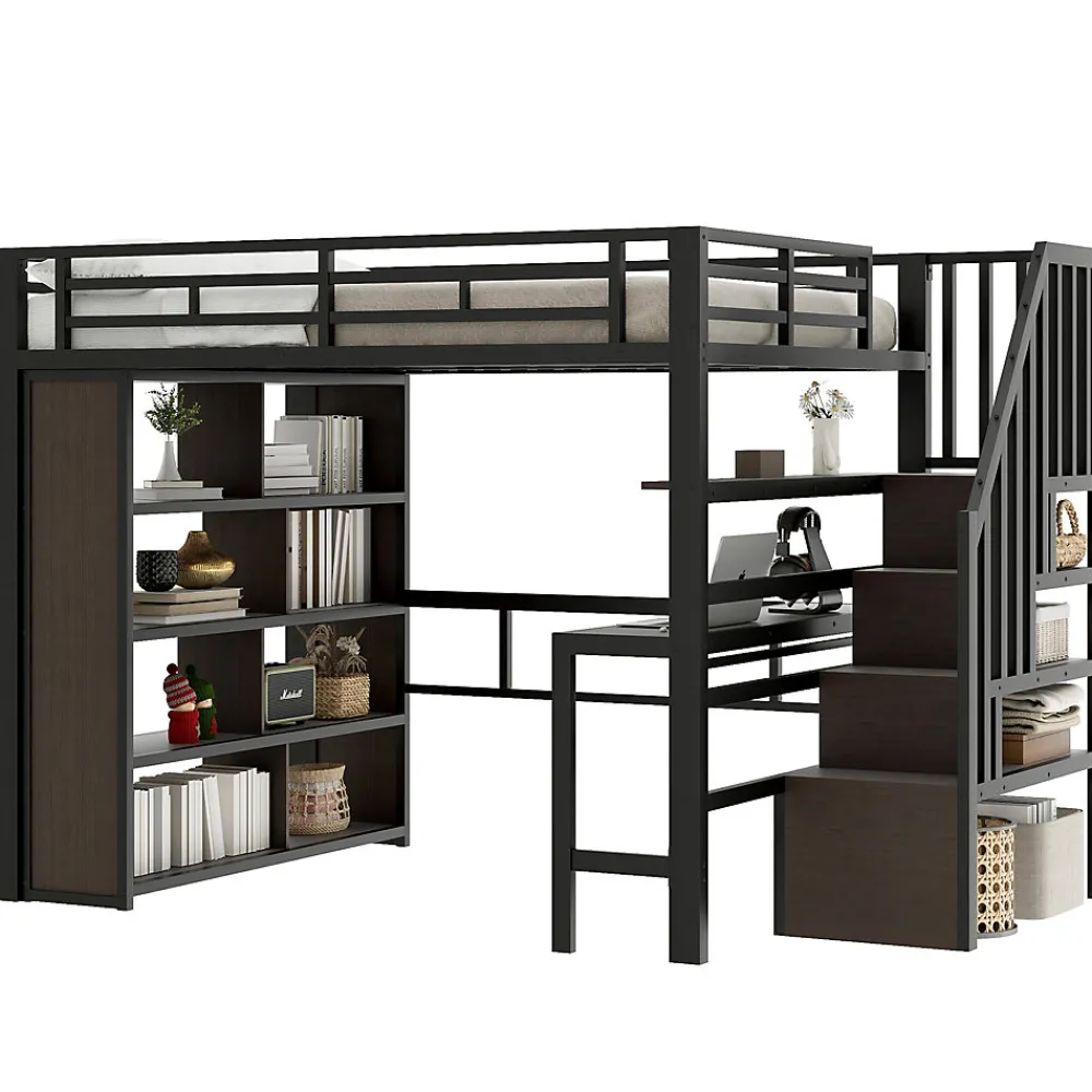 Lit Mezzanine 140x200 cm - Lit Ado avec Bureau Intégré, LED et Escalier de Rangement, Métal + MDF, Noir>Okwish New