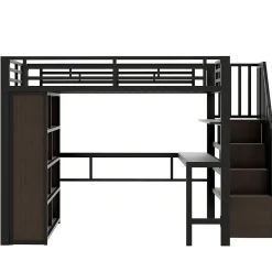 Lit Mezzanine 140x200 cm - Lit Ado avec Bureau Intégré, LED et Escalier de Rangement, Métal + MDF, Noir><noscript><img width=