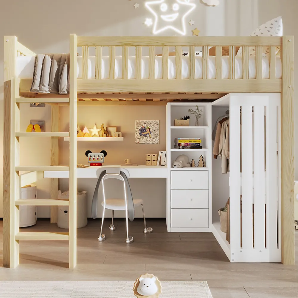 Lit Mezzanine 140x200 cm - Lit Ado avec Bureau Intégré, Armoire et 3 Tiroirs, Échelle et Garde-Corps, Bois Naturel - sans Matelas>Okwish Clearance