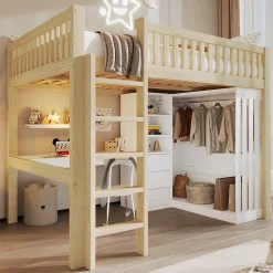 Lit Mezzanine 140x200 cm - Lit Ado avec Bureau Intégré, Armoire et 3 Tiroirs, Échelle et Garde-Corps, Bois Naturel - sans Matelas><noscript><img width=