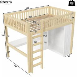 Lit Mezzanine 140x200 cm - Lit Ado avec Bureau Intégré, Armoire et 3 Tiroirs, Échelle et Garde-Corps, Bois Naturel - sans Matelas><noscript><img width=