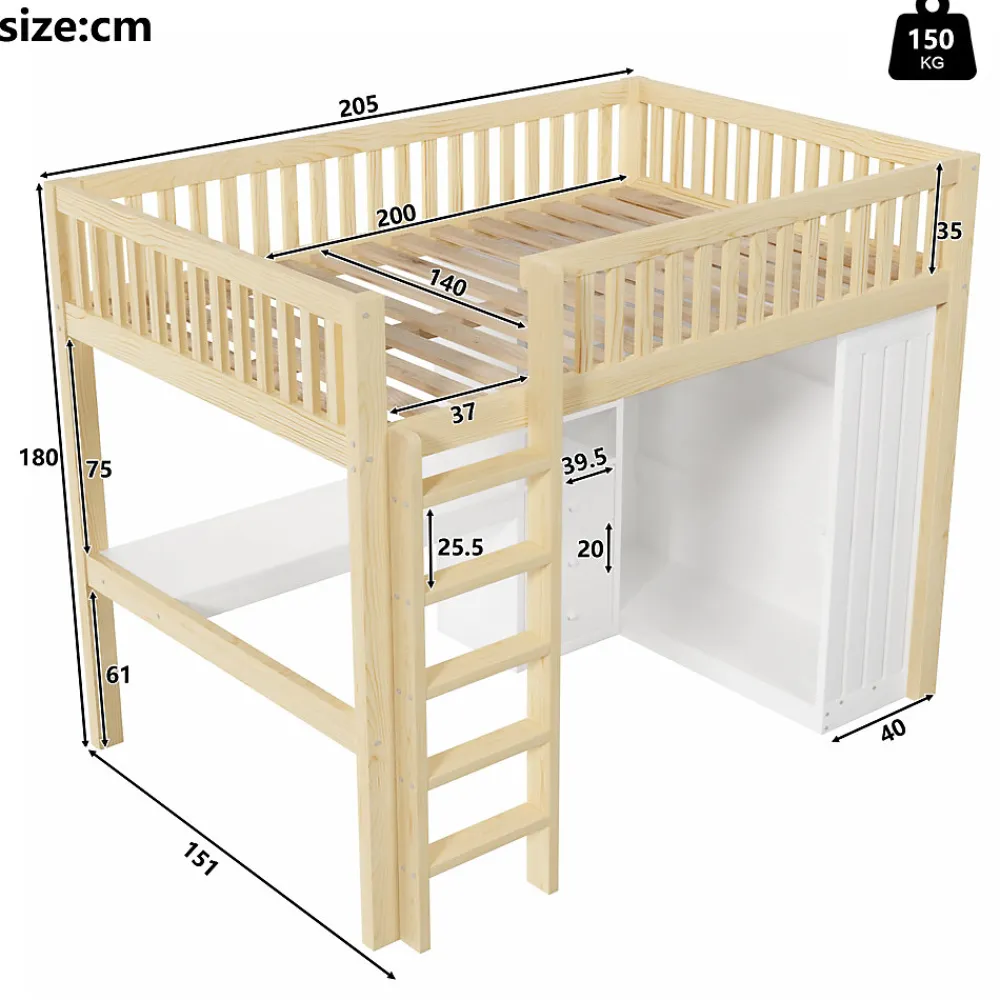 Lit Mezzanine 140x200 cm - Lit Ado avec Bureau Intégré, Armoire et 3 Tiroirs, Échelle et Garde-Corps, Bois Naturel - sans Matelas>Okwish Clearance