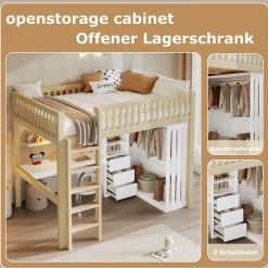 Lit Mezzanine 140x200 cm - Lit Ado avec Bureau Intégré, Armoire et 3 Tiroirs, Échelle et Garde-Corps, Bois Naturel - sans Matelas><noscript><img width=