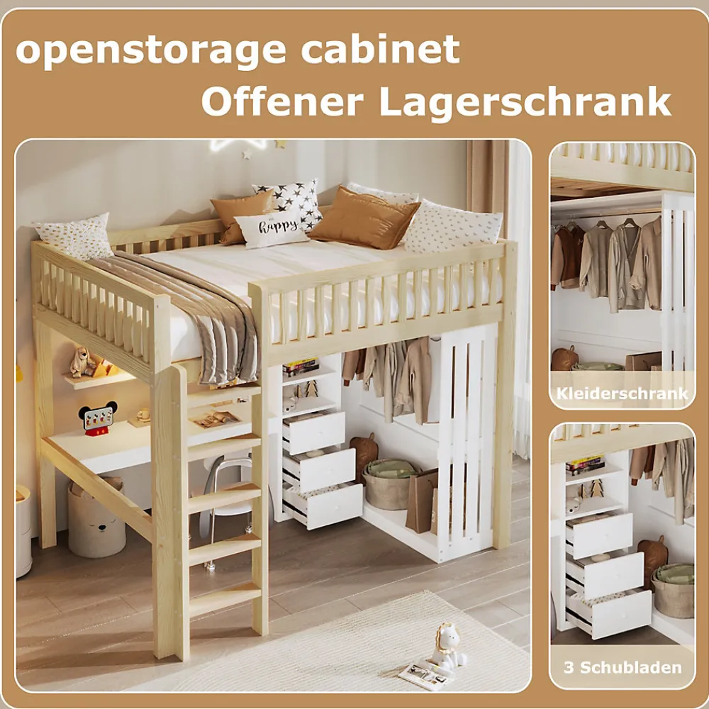 Lit Mezzanine 140x200 cm - Lit Ado avec Bureau Intégré, Armoire et 3 Tiroirs, Échelle et Garde-Corps, Bois Naturel - sans Matelas>Okwish Clearance