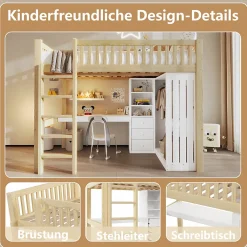 Lit Mezzanine 140x200 cm - Lit Ado avec Bureau Intégré, Armoire et 3 Tiroirs, Échelle et Garde-Corps, Bois Naturel - sans Matelas><noscript><img width=