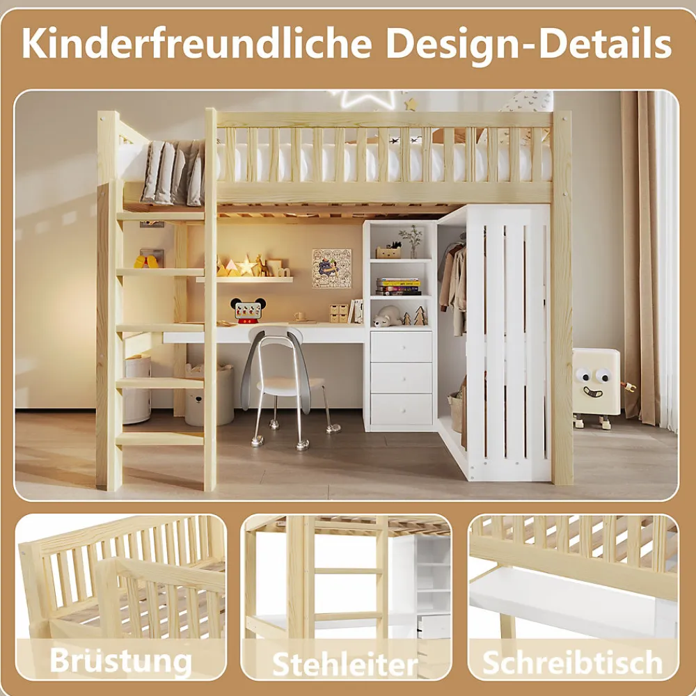 Lit Mezzanine 140x200 cm - Lit Ado avec Bureau Intégré, Armoire et 3 Tiroirs, Échelle et Garde-Corps, Bois Naturel - sans Matelas>Okwish Clearance