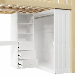 Lit Mezzanine 140x200 cm - Lit Ado avec Bureau Intégré, Armoire et 3 Tiroirs, Échelle et Garde-Corps, Bois Naturel - sans Matelas><noscript><img width=