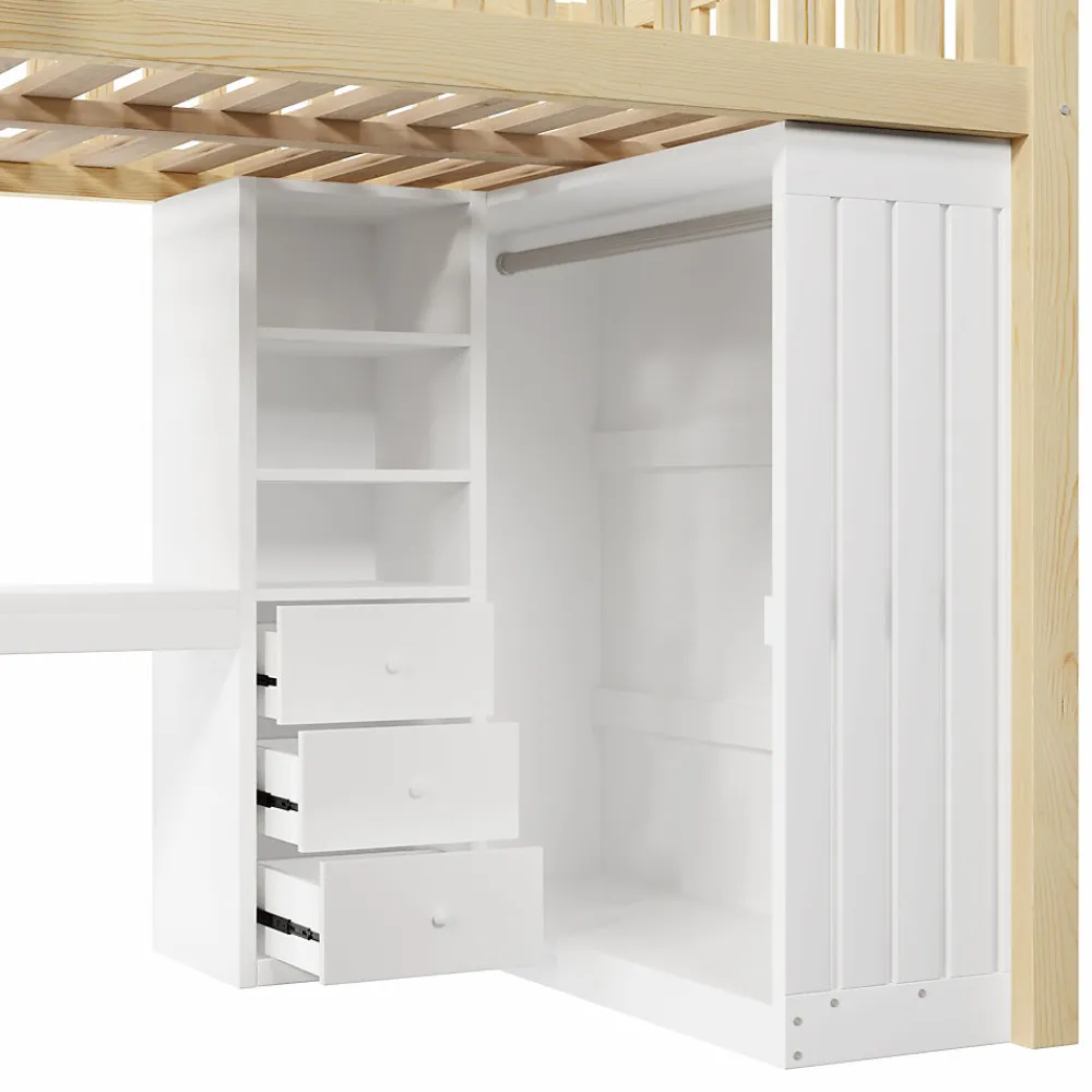 Lit Mezzanine 140x200 cm - Lit Ado avec Bureau Intégré, Armoire et 3 Tiroirs, Échelle et Garde-Corps, Bois Naturel - sans Matelas>Okwish Clearance