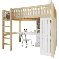 Lit Mezzanine 140x200 cm - Lit Ado avec Bureau Intégré, Armoire et 3 Tiroirs, Échelle et Garde-Corps, Bois Naturel - sans Matelas><noscript><img width=
