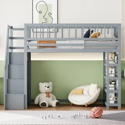 Okwish Lit mezzanine 90x200 cm - Lit ados avec clôture, penderie et étagères - Bois - Sans matelas - Gris* Lit Mezzanine