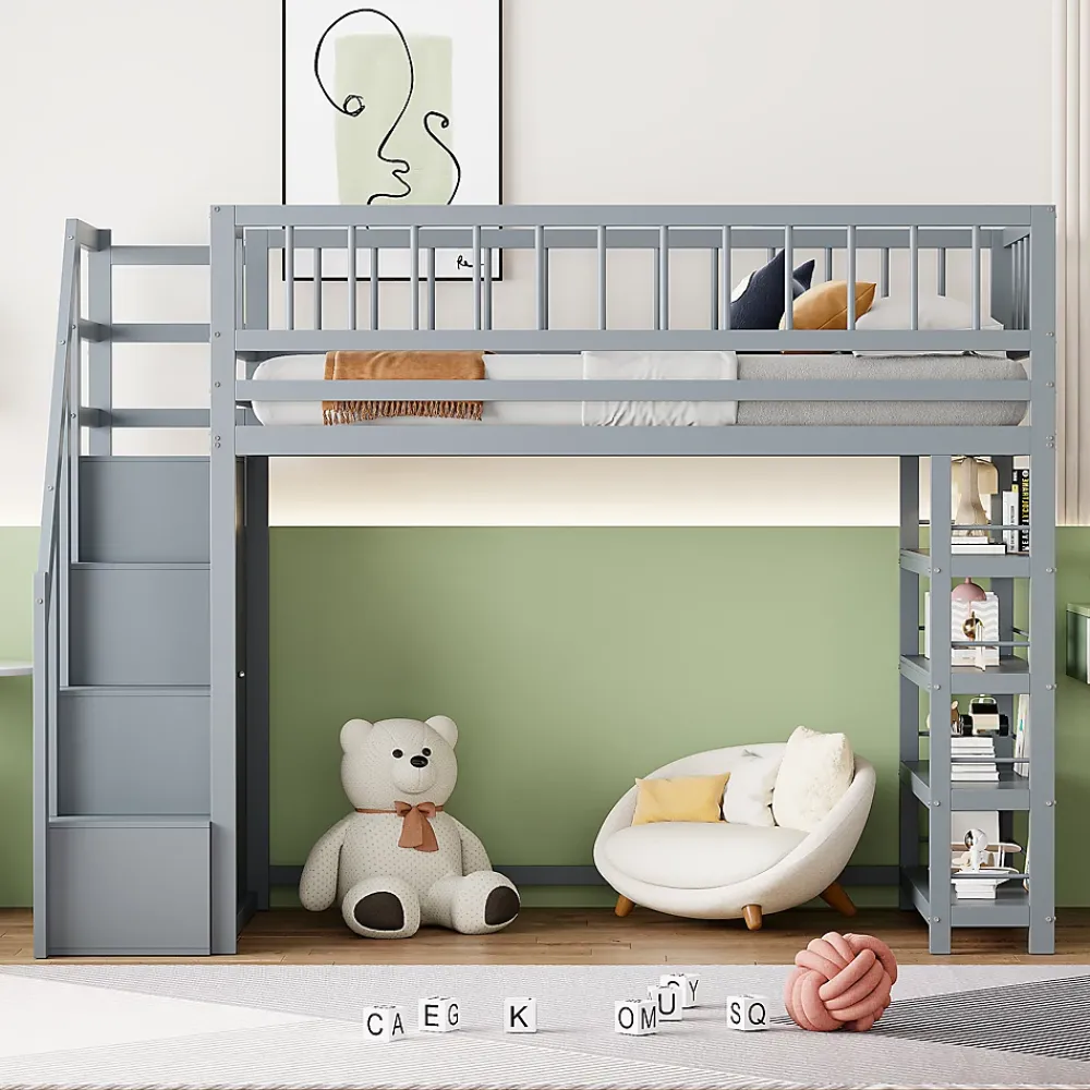 Okwish Lit mezzanine 90x200 cm - Lit ados avec clôture, penderie et étagères - Bois - Sans matelas - Gris* Lit Mezzanine