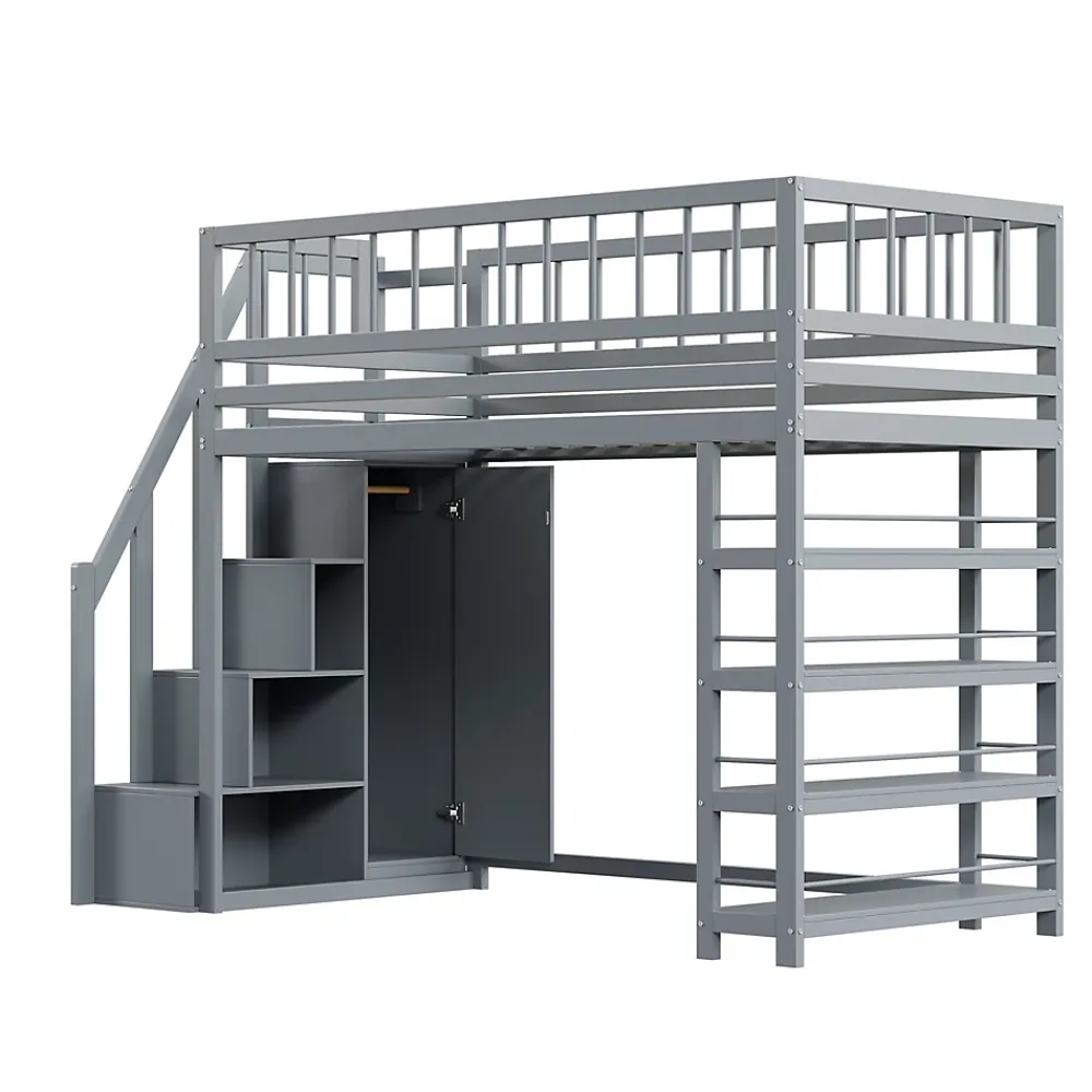 Okwish Lit mezzanine 90x200 cm - Lit ados avec clôture, penderie et étagères - Bois - Sans matelas - Gris* Lit Mezzanine