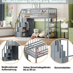 Okwish Lit mezzanine 90x200 cm - Lit ados avec clôture, penderie et étagères - Bois - Sans matelas - Gris* Lit Mezzanine
