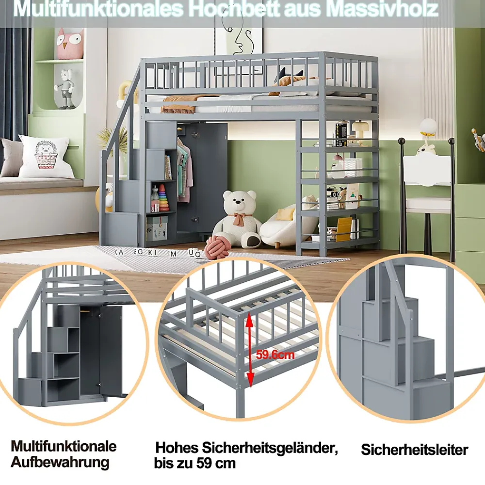 Okwish Lit mezzanine 90x200 cm - Lit ados avec clôture, penderie et étagères - Bois - Sans matelas - Gris* Lit Mezzanine