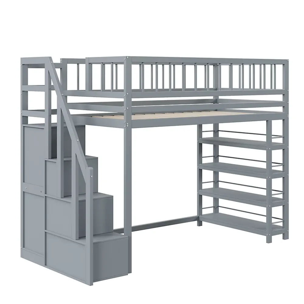 Okwish Lit mezzanine 90x200 cm - Lit ados avec clôture, penderie et étagères - Bois - Sans matelas - Gris* Lit Mezzanine