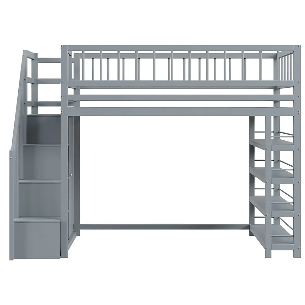 Okwish Lit mezzanine 90x200 cm - Lit ados avec clôture, penderie et étagères - Bois - Sans matelas - Gris* Lit Mezzanine