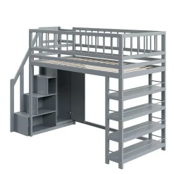Okwish Lit mezzanine 90x200 cm - Lit ados avec clôture, penderie et étagères - Bois - Sans matelas - Gris* Lit Mezzanine