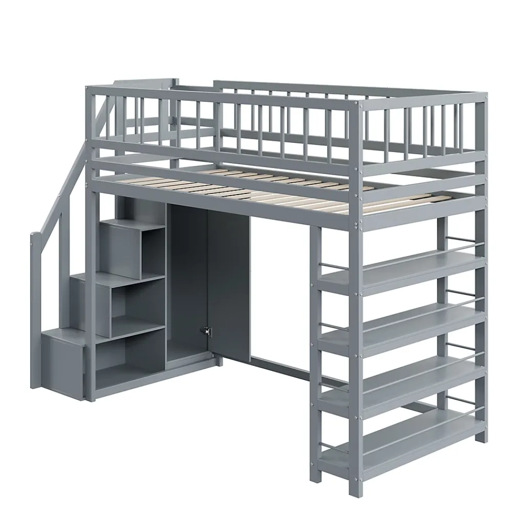 Okwish Lit mezzanine 90x200 cm - Lit ados avec clôture, penderie et étagères - Bois - Sans matelas - Gris* Lit Mezzanine