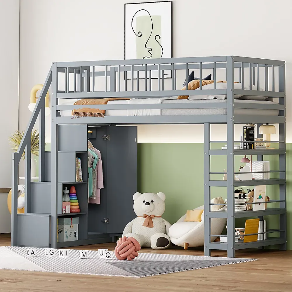 Okwish Lit mezzanine 90x200 cm - Lit ados avec clôture, penderie et étagères - Bois - Sans matelas - Gris* Lit Mezzanine
