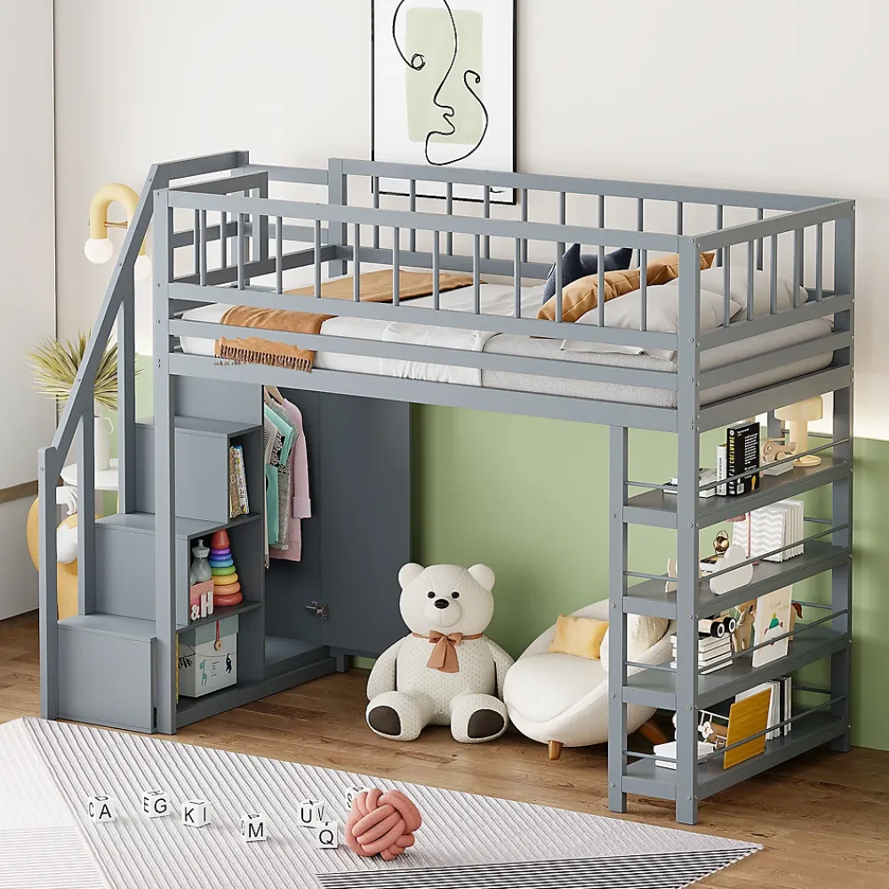 Okwish Lit mezzanine 90x200 cm - Lit ados avec clôture, penderie et étagères - Bois - Sans matelas - Gris* Lit Mezzanine