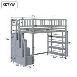 Okwish Lit mezzanine 90x200 cm - Lit ados avec clôture, penderie et étagères - Bois - Sans matelas - Gris* Lit Mezzanine