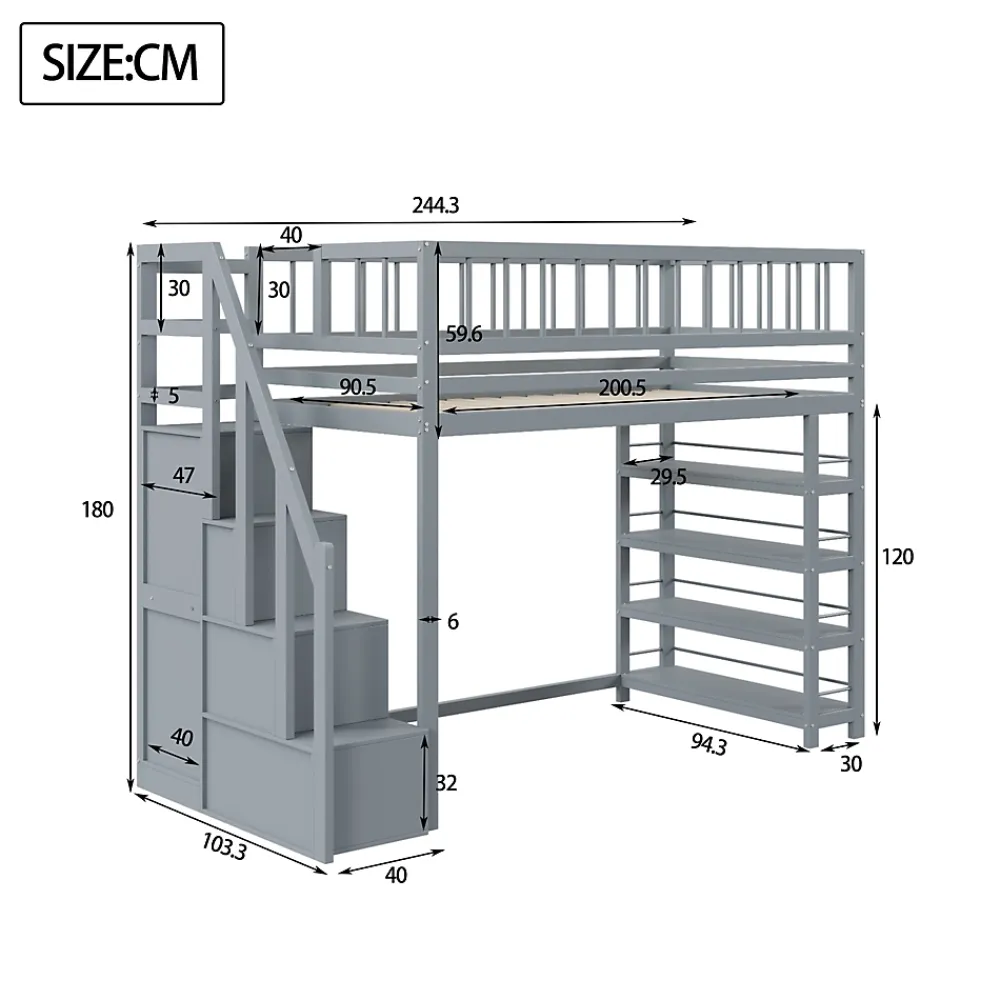 Okwish Lit mezzanine 90x200 cm - Lit ados avec clôture, penderie et étagères - Bois - Sans matelas - Gris* Lit Mezzanine