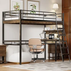Lit Mezzanine 90x200 cm - Lit Ado avec Bureau et Étagères - Protection Anti-Chute Incluse - Métal et MDF - Noir - Sans Matelas>Okwish Discount