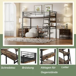 Lit Mezzanine 90x200 cm - Lit Ado avec Bureau et Étagères - Protection Anti-Chute Incluse - Métal et MDF - Noir - Sans Matelas><noscript><img width=