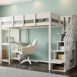 Lit mezzanine 90x200 cm - Lit avec rangement et étagère intégrée - Pin massif - Sans matelas - Blanc>Okwish New