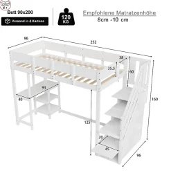 Lit mezzanine 90x200 cm - Lit avec rangement et étagère intégrée - Pin massif - Sans matelas - Blanc><noscript><img width=