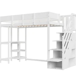 Lit mezzanine 90x200 cm - Lit avec rangement et étagère intégrée - Pin massif - Sans matelas - Blanc><noscript><img width=