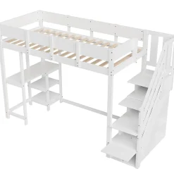 Lit mezzanine 90x200 cm - Lit avec rangement et étagère intégrée - Pin massif - Sans matelas - Blanc><noscript><img width=