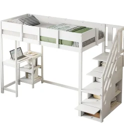 Lit mezzanine 90x200 cm - Lit avec rangement et étagère intégrée - Pin massif - Sans matelas - Blanc><noscript><img width=