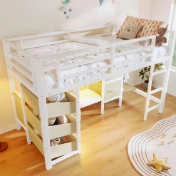 Okwish Lit Mezzanine 90x200 cm - Lit Ado avec LED Intégrée, Tiroirs en Tissu et Crochets pour Vêtements, en Métal - Sans Matelas Blanc* Lit Mezzanine