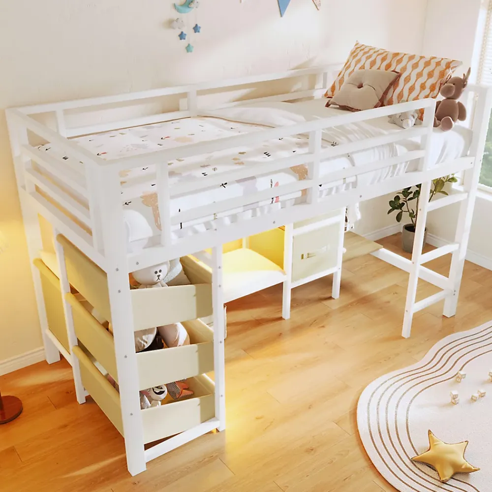 Okwish Lit Mezzanine 90x200 cm - Lit Ado avec LED Intégrée, Tiroirs en Tissu et Crochets pour Vêtements, en Métal - Sans Matelas Blanc* Lit Mezzanine