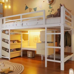 Okwish Lit Mezzanine 90x200 cm - Lit Ado avec LED Intégrée, Tiroirs en Tissu et Crochets pour Vêtements, en Métal - Sans Matelas Blanc* Lit Mezzanine