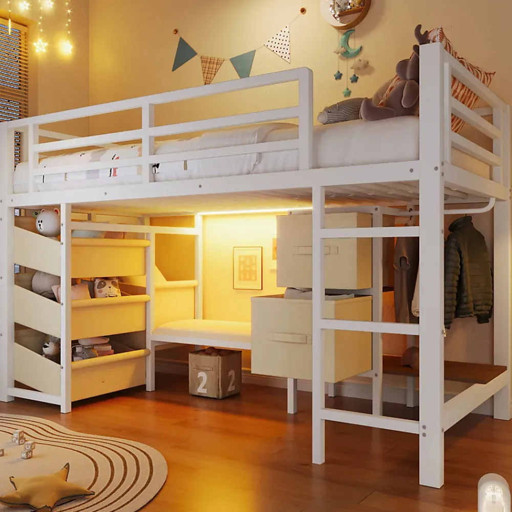 Okwish Lit Mezzanine 90x200 cm - Lit Ado avec LED Intégrée, Tiroirs en Tissu et Crochets pour Vêtements, en Métal - Sans Matelas Blanc* Lit Mezzanine
